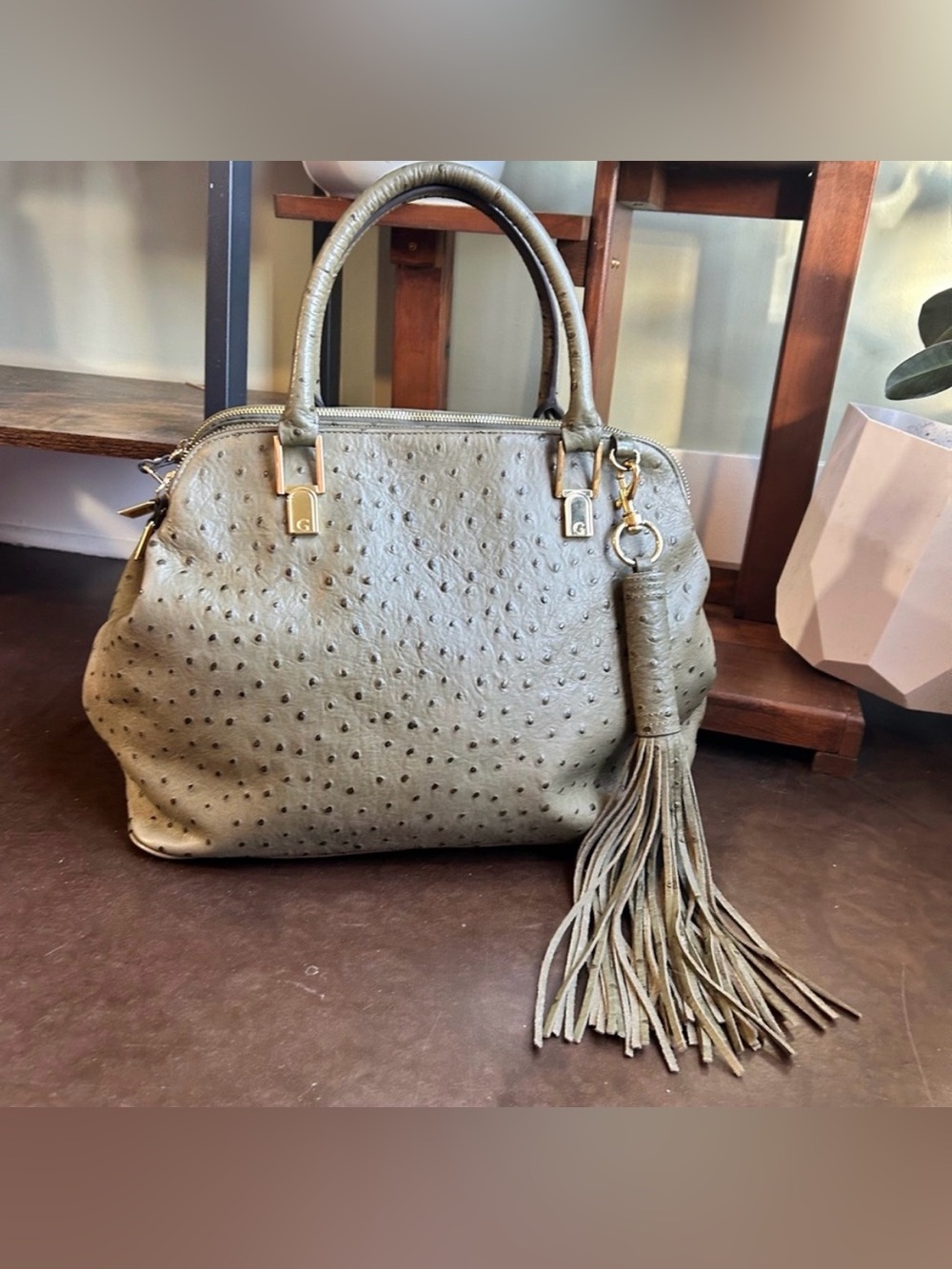G.I.L.I. Ostrich leather bohemian mid sized hand bag- genuine leather.